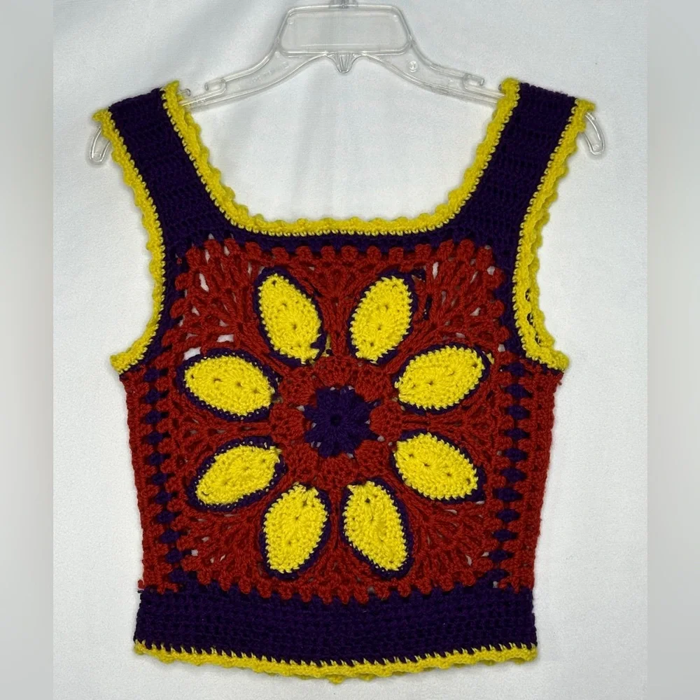 Handmade Crocheted‎ Vest Tank Top Purple Yellow Rust Vintage